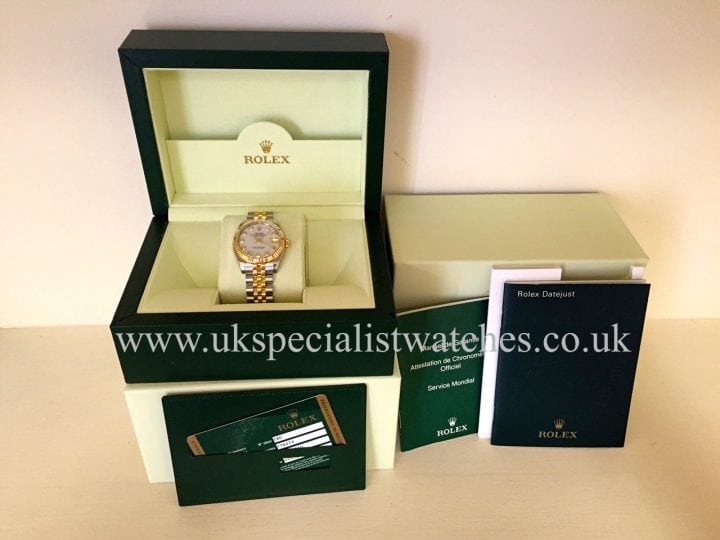 UK Specialist Watches have a stunning Ladies mid size Rolex Date-just in Steel & Gold with a Mother of Pearl Diamond Dial