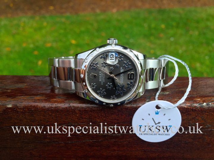 UK Specialist Watches have a Ladies Datejust 31mm midsize with a Rhodium Floral dial and a factory white gold diamond set bezel 178240.