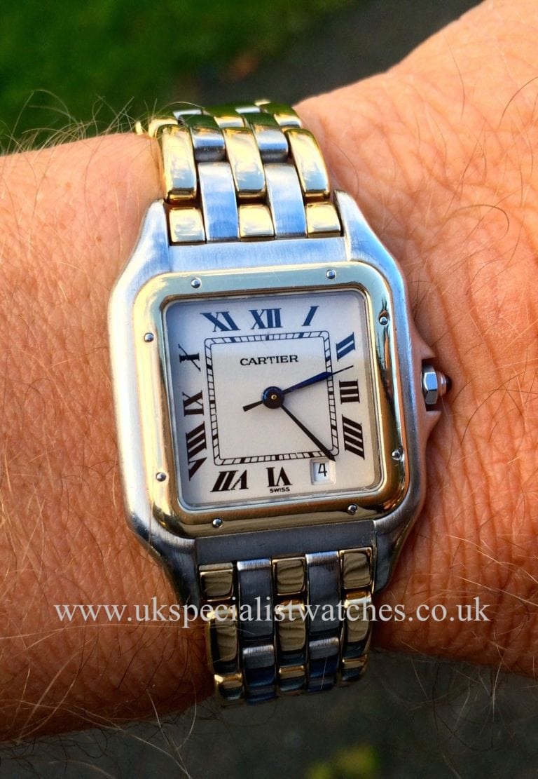UK Specialist Watches have a Full size Gents Cartier Panthere with 3 rows of 18 ct Gold running through the bracelet