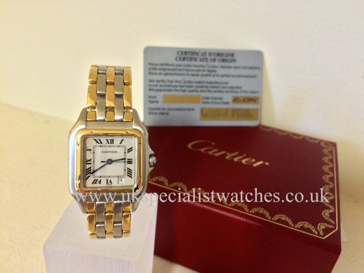 UK Specialist Watches have a Full size Gents Cartier Panthere with 3 rows of 18 ct Gold running through the bracelet
