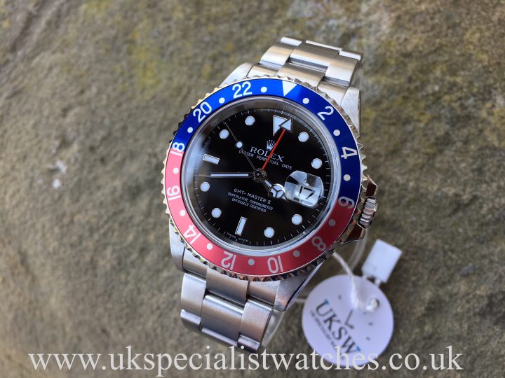 UK Specialist Watches have an extremely desired Rolex GMT Master II - Factory Pepsi Bezel 16710 T – Full Set