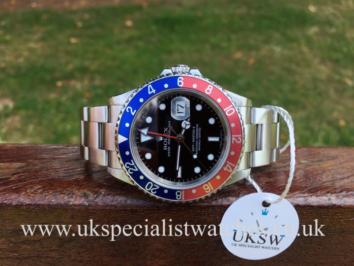 UK Specialist Watches have an extremely desired Rolex GMT Master II - Factory Pepsi Bezel 16710 T – Full Set