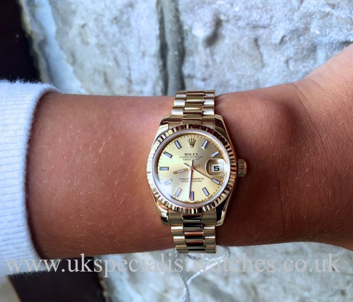 UK Specialist Watches have a ladies solid 18ct Yellow Gold 26mm Datejust President full set - 179178.