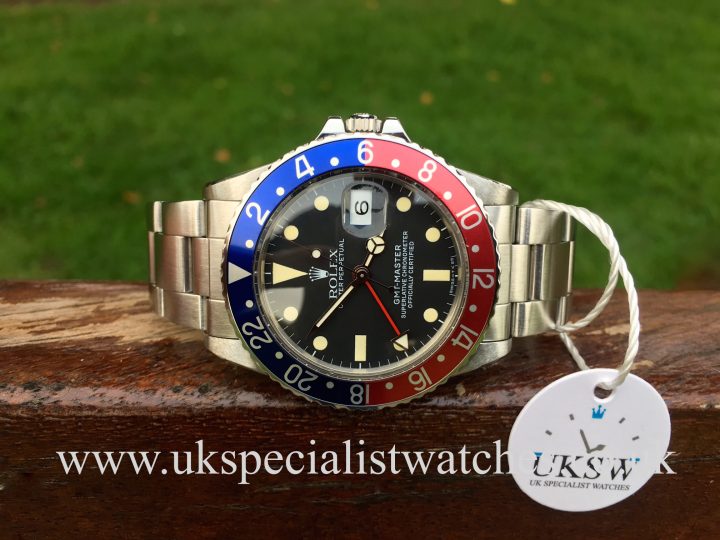 UK Specialist Watches have a mint Rolex 16750 GMT Master with a pepsi bezel in totally original condition with box and rolex service receipts.