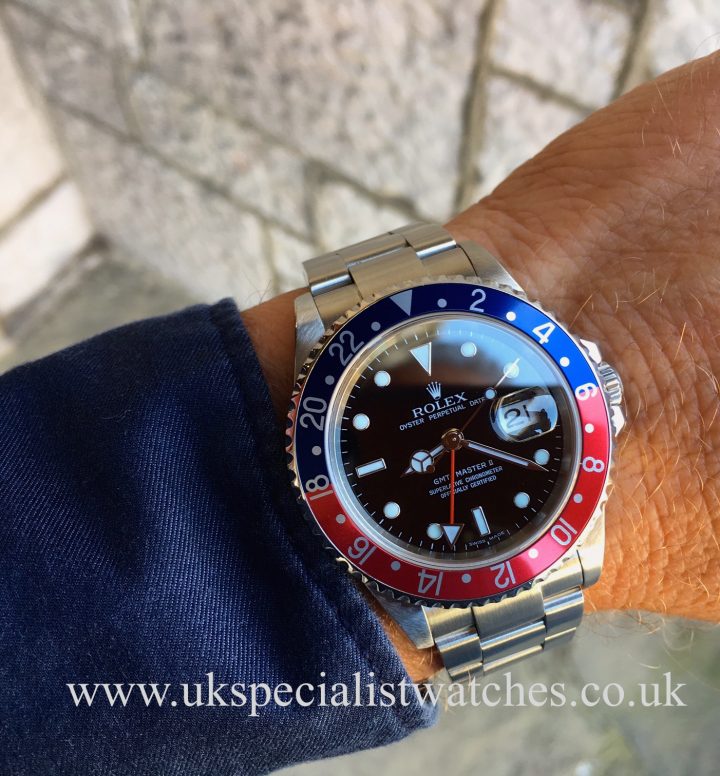 UK Specialist Watches have a beautiful 2006 Rolex GMT Master II Pepsi bezel 16710 - complete with box and papers.