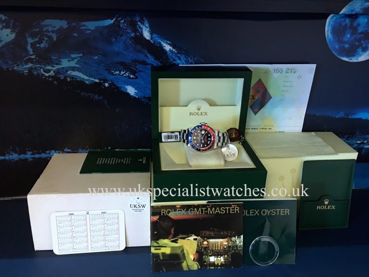 UK Specialist Watches have a beautiful 2006 Rolex GMT Master II Pepsi bezel 16710 - complete with box and papers.