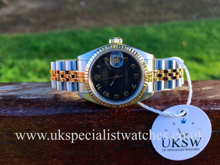 UK Specialist Watches have a stunning rare Rolex Datejust ladies 69173 with a black jubilee dial with box and papers.
