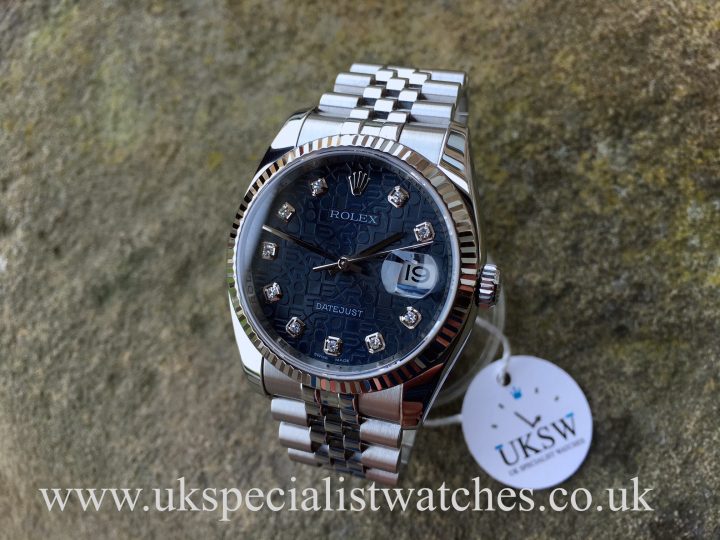 U.K Specialist Watches have a Rolex Datejust 116234 with a factory Rolex blue diamond jubilee dial with box and papers