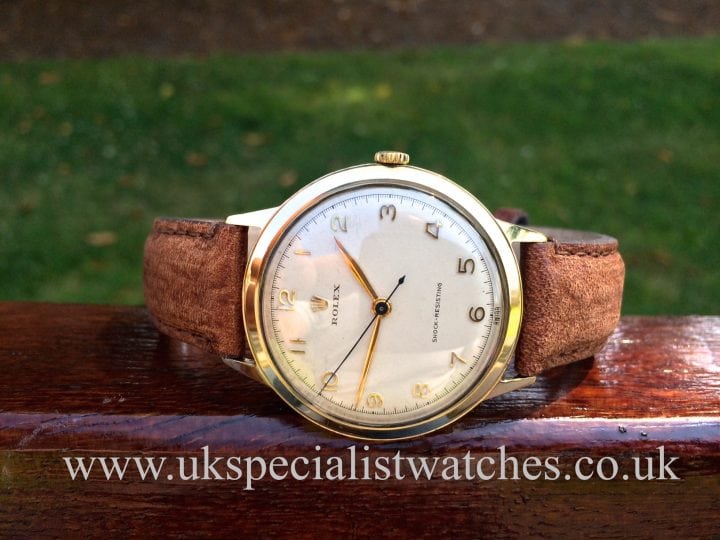 For sale at UK Specialist Watches a 9 ct Gold Vintage Rolex Shock Resisting 36mm a beautiful Vintage 1952 Rolex