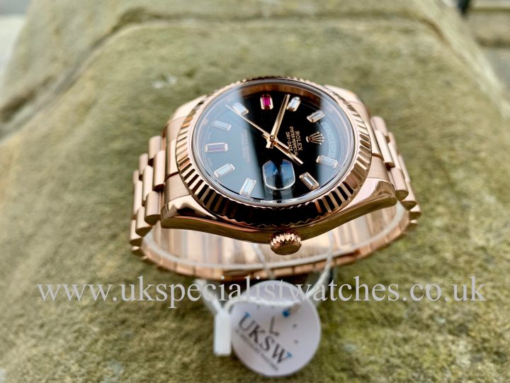 Rolex Day-Date II - 18ct Rose Gold - Baguette Diamond Ruby Dial - 218235
